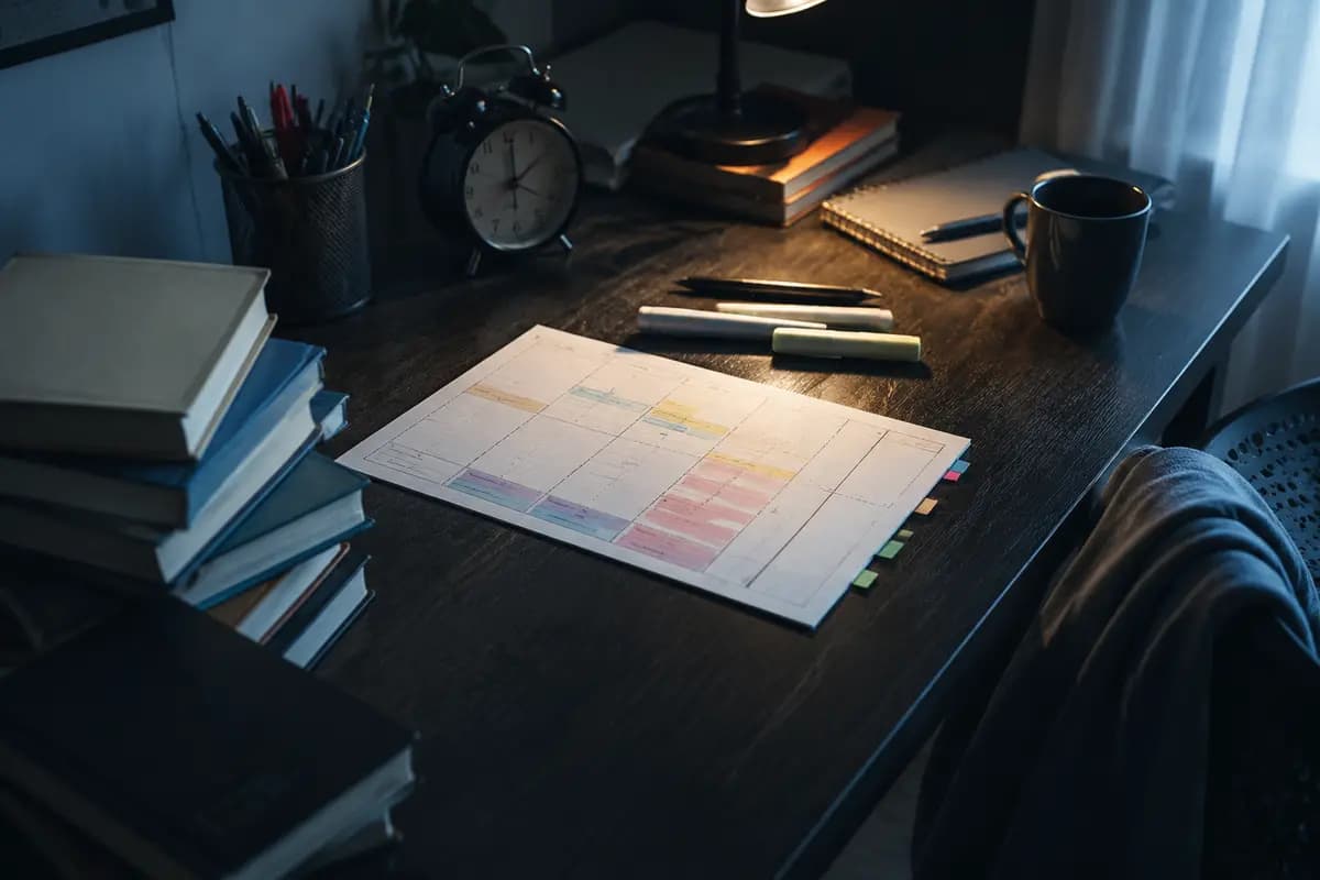 میز مطالعه با تقویم هفتگی، کتاب‌ها و برنامه‌ریزی واقع‌بینانه برای کنکور